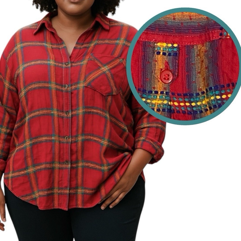 Vintage Generalities Embroidered Plaid Button Up Shirt 18W Cotton Southwestern‎